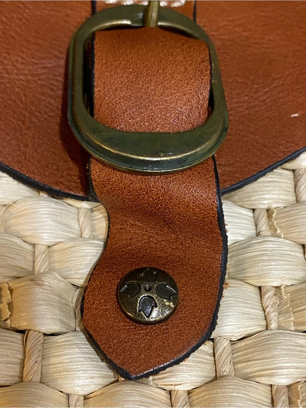 Patricia Nash Woven Straw Leather Flap Crossbody Bag Cognac Tan Buckle